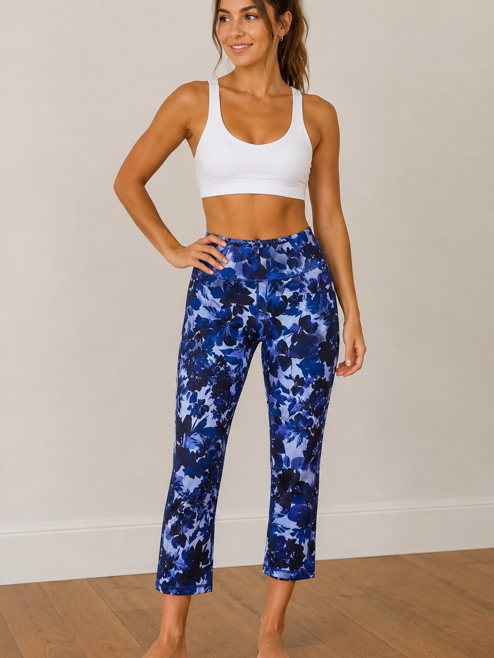 Fabletics Blue Floral Cropped Leggings